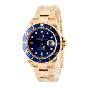 Pre-owned Yellow Gold Rolex Submariner ref 16618 Blue Dial
